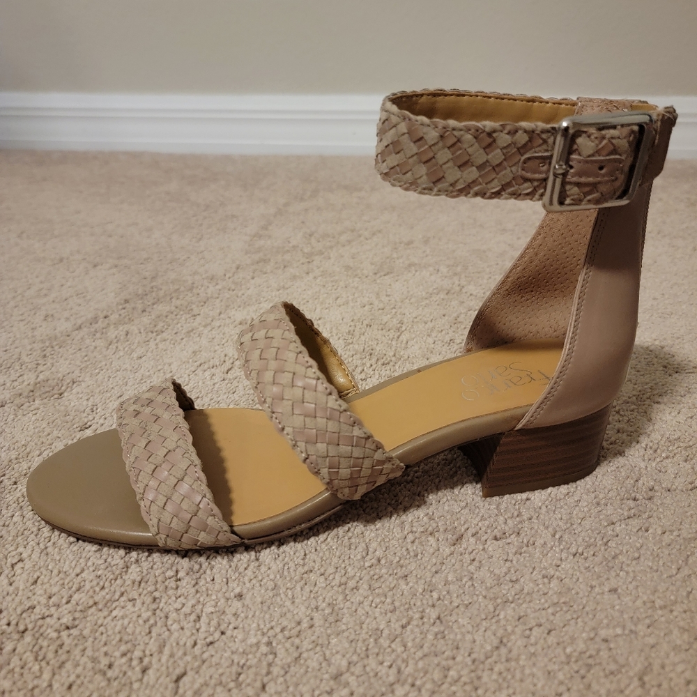 Franco Sarto Leather Woven Buckle & Zipper Back Taupe Tate Sandal